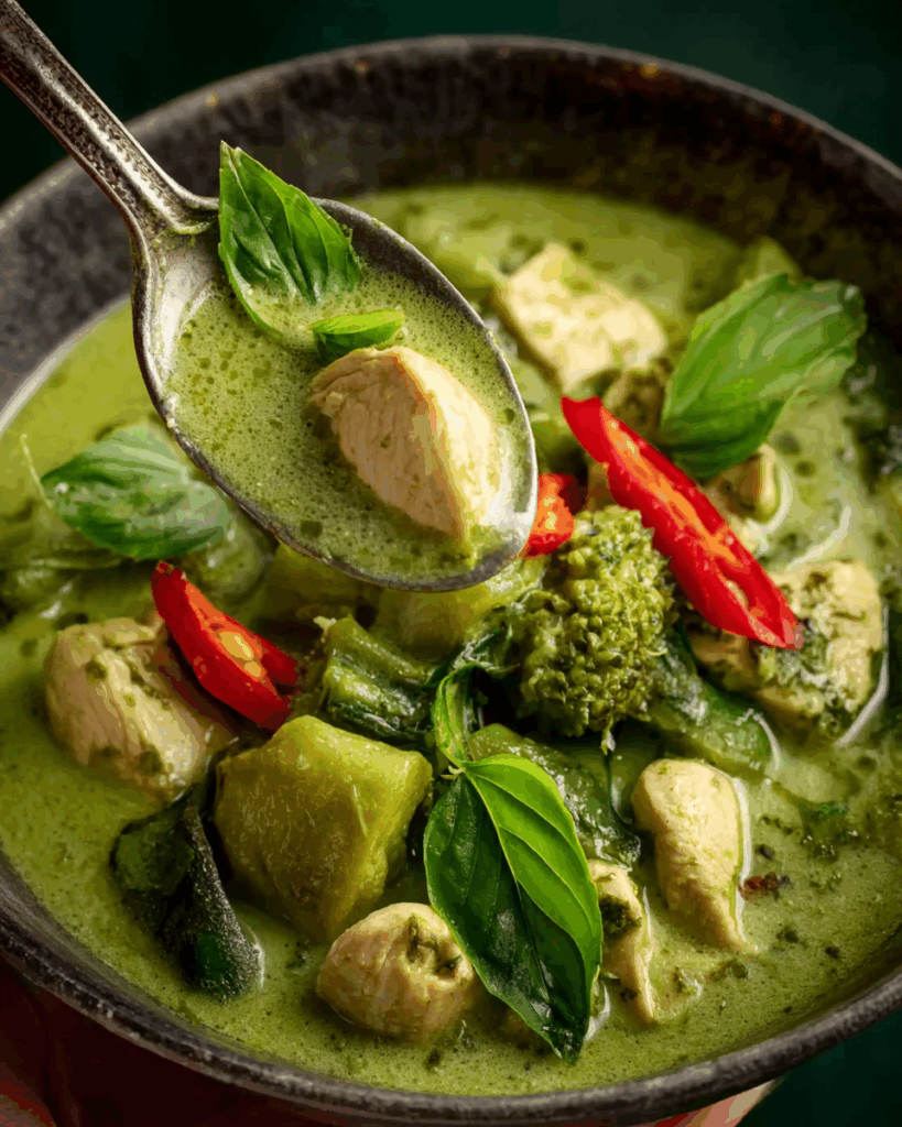 Chicken cooking in Thai green curry paste and coconut milk