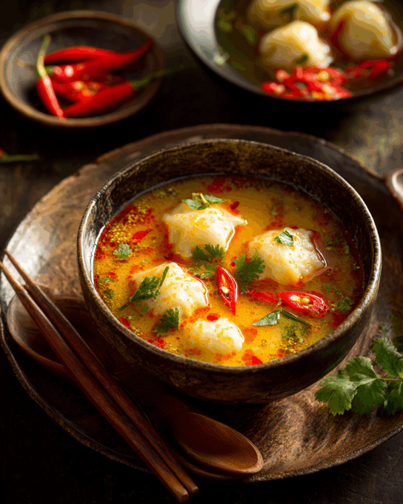 Served Thai Coconut Curry Dumpling Soup with dumplings and garnish