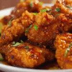 fried chicken in sweet chili lime sauce with kaffir lime garnish
