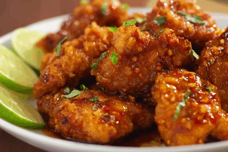fried chicken in sweet chili lime sauce with kaffir lime garnish