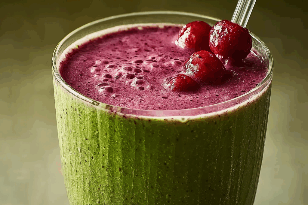 Berry Green Tea Smoothie in a glass with fresh berries and mint