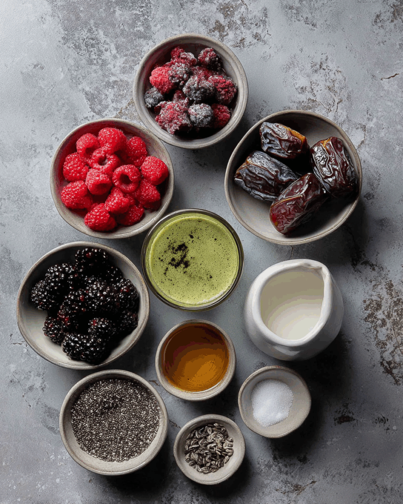 Ingredients for Berry Green Tea Smoothie on kitchen counter