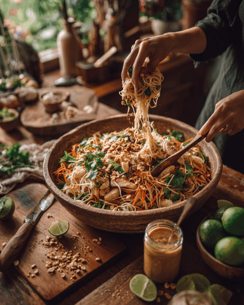 Chicken Pad Thai Salad served with lime and fresh herbs