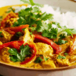 Coconut Mango Chicken Curry served with jasmine rice and fresh cilantro garnish