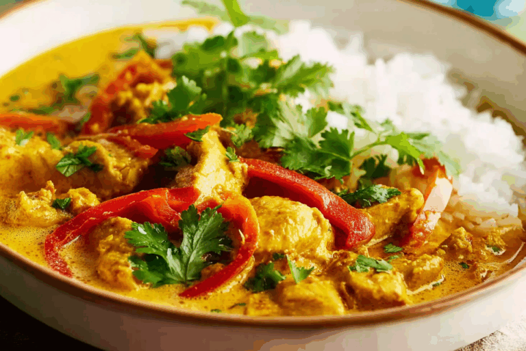 Coconut Mango Chicken Curry served with jasmine rice and fresh cilantro garnish