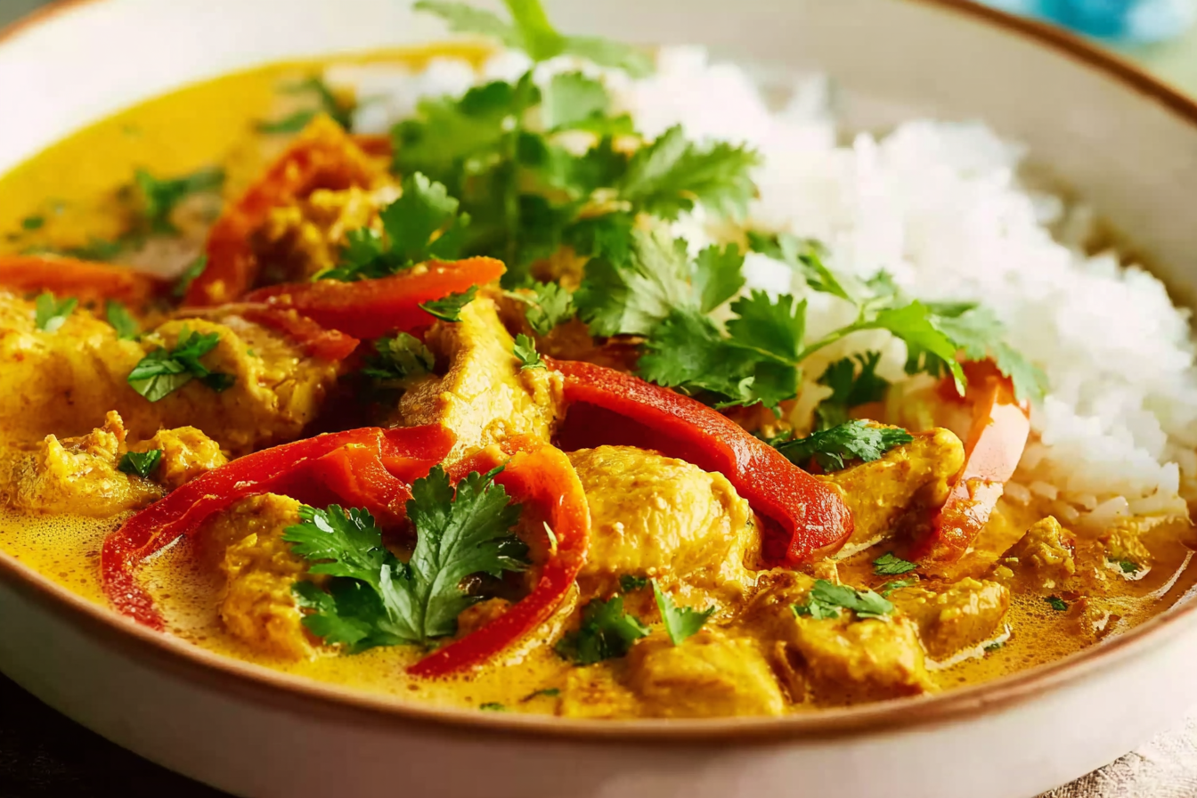 Coconut Mango Chicken Curry served with jasmine rice and fresh cilantro garnish
