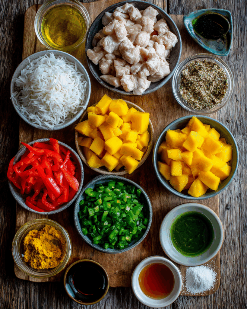 Fresh ingredients for Coconut Mango Chicken Curry on a kitchen counter