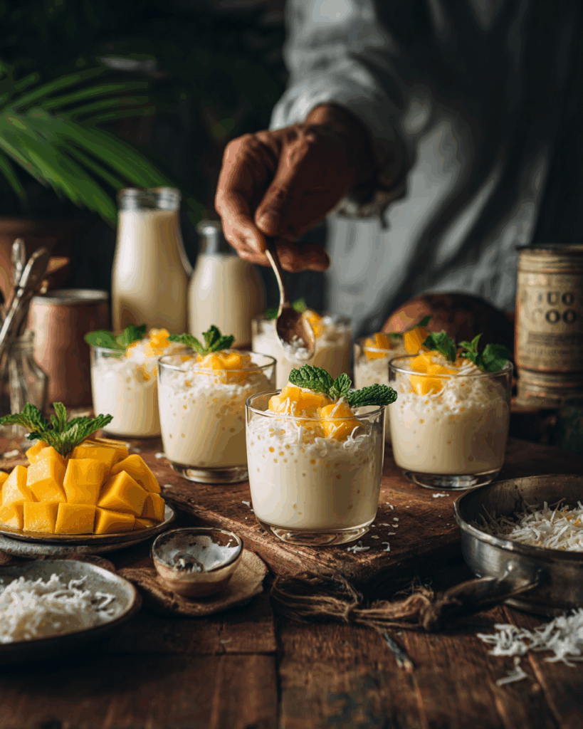 Chilled Coconut Pudding With Tapioca Pearls and Mango