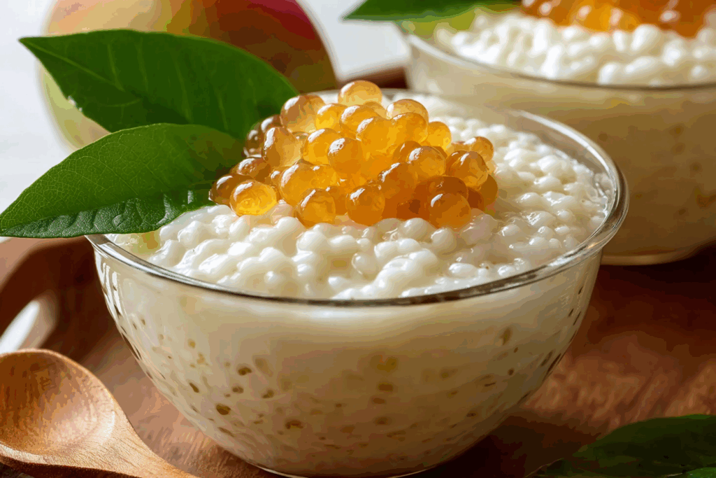 Coconut Pudding With Tapioca Pearls in Thai Bowl