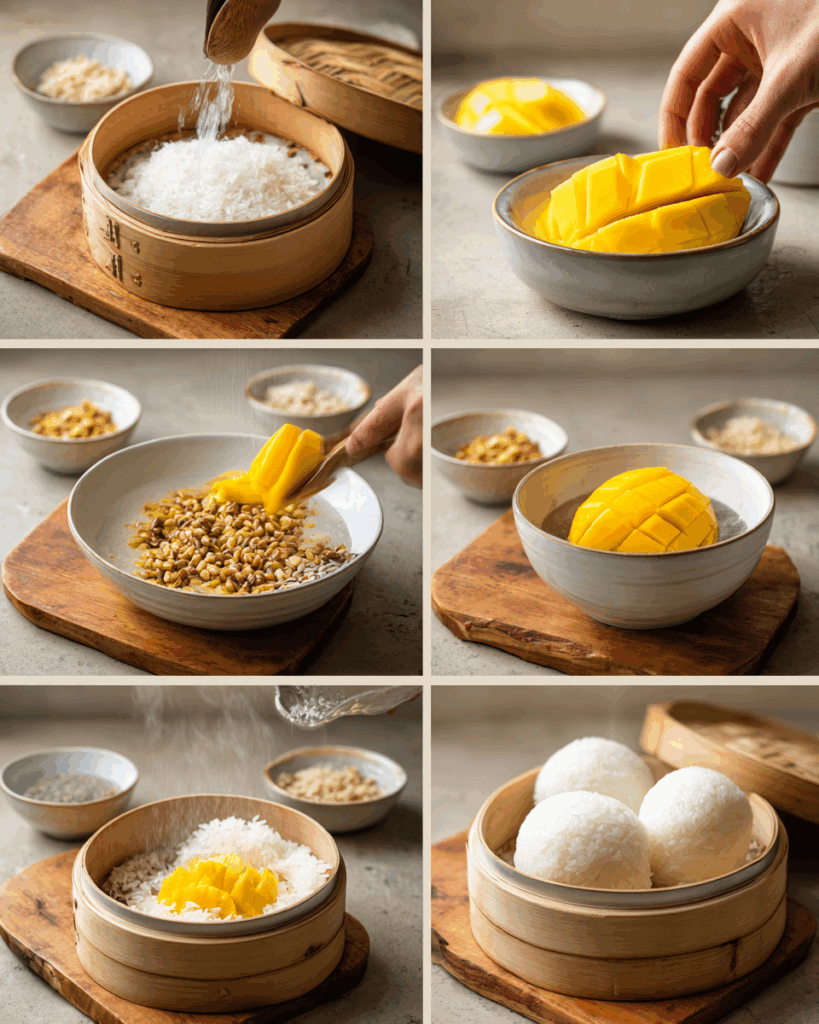 Salted coconut sauce drizzled over Mango Sticky Rice
