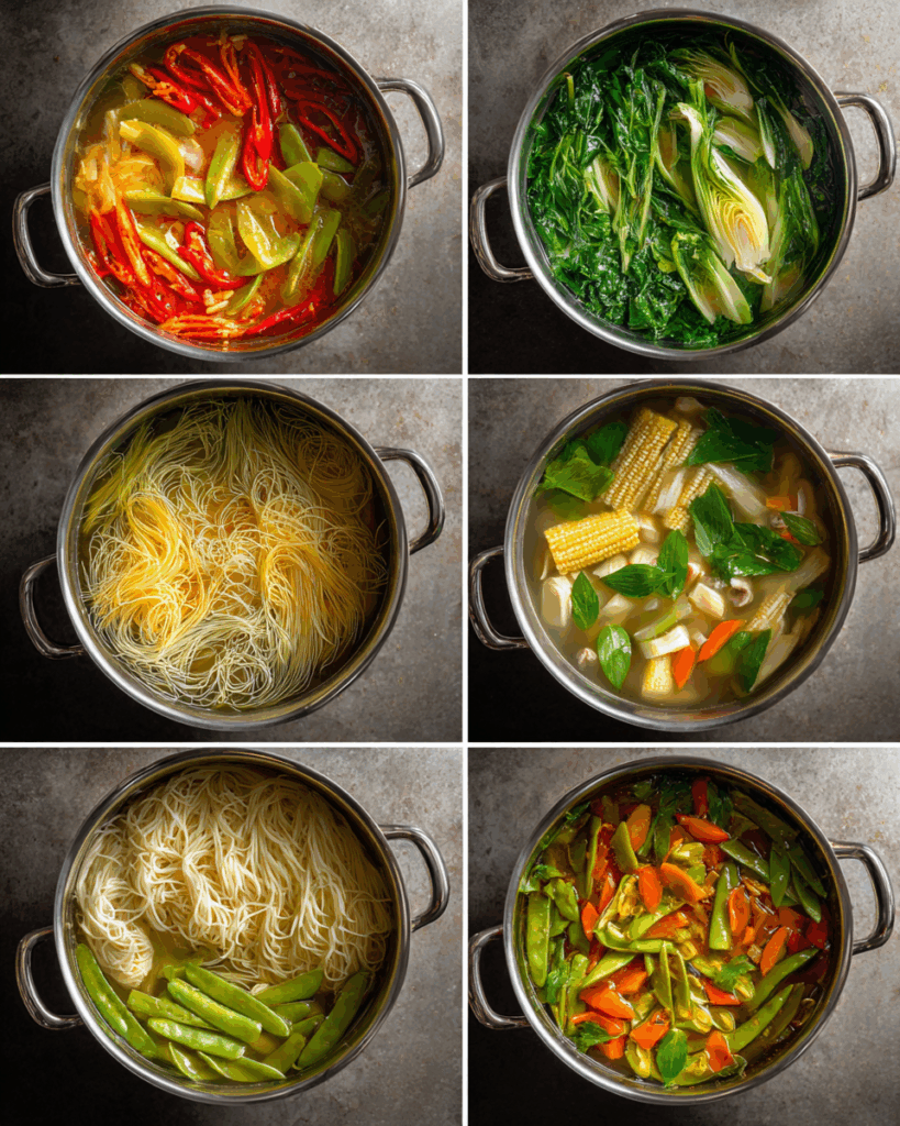 cooking spicy thai red curry soup paste in a pan