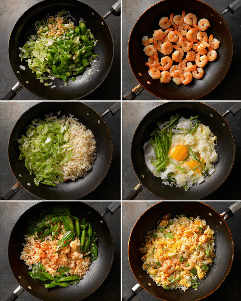 Stir-frying Thai basil fried rice with shrimp and chilies