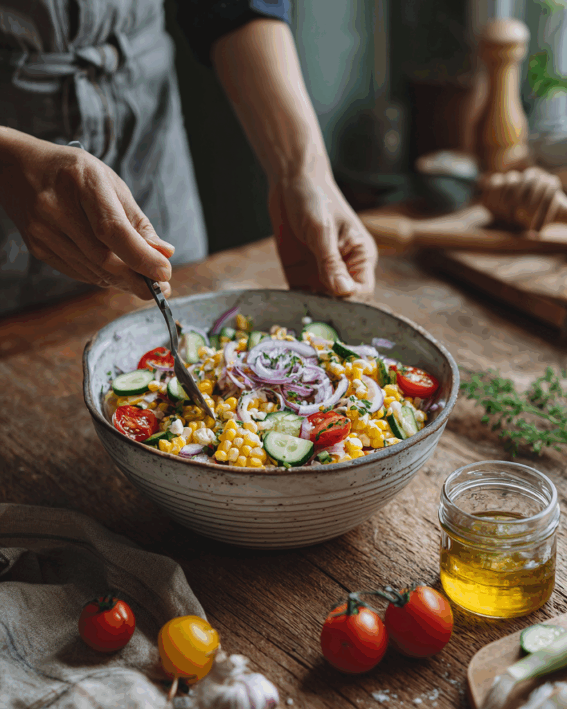 Corn and cucumber salad at summer BBQ