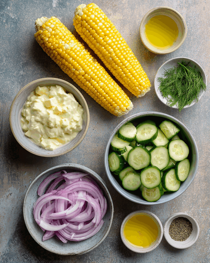 Fresh ingredients for corn and cucumber salad