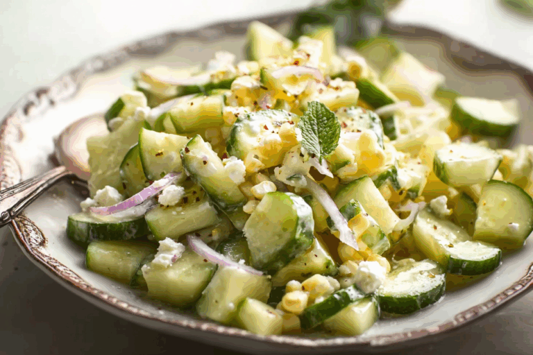 Corn and cucumber salad recipe in a rustic wooden bowl