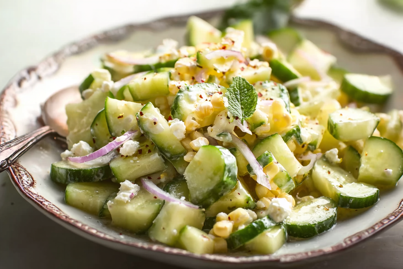 Corn and cucumber salad recipe in a rustic wooden bowl