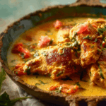 Coconut Milk Chicken cooked in a skillet with herbs and lime