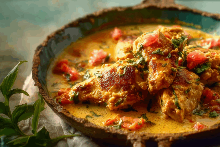 Coconut Milk Chicken cooked in a skillet with herbs and lime