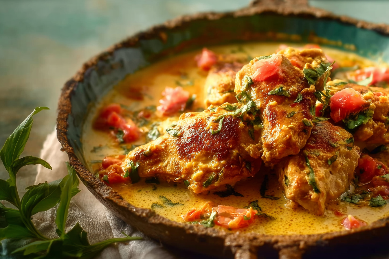 Coconut Milk Chicken cooked in a skillet with herbs and lime