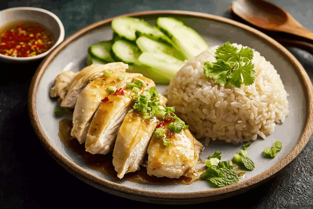 Hainan Chicken Rice served with sauces and cucumber