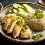 Hainan Chicken Rice served with sauces and cucumber