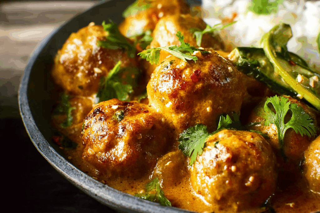 Homemade Thai Coconut Curry Meatballs in creamy coconut curry sauce