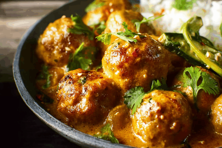 Homemade Thai Coconut Curry Meatballs in creamy coconut curry sauce