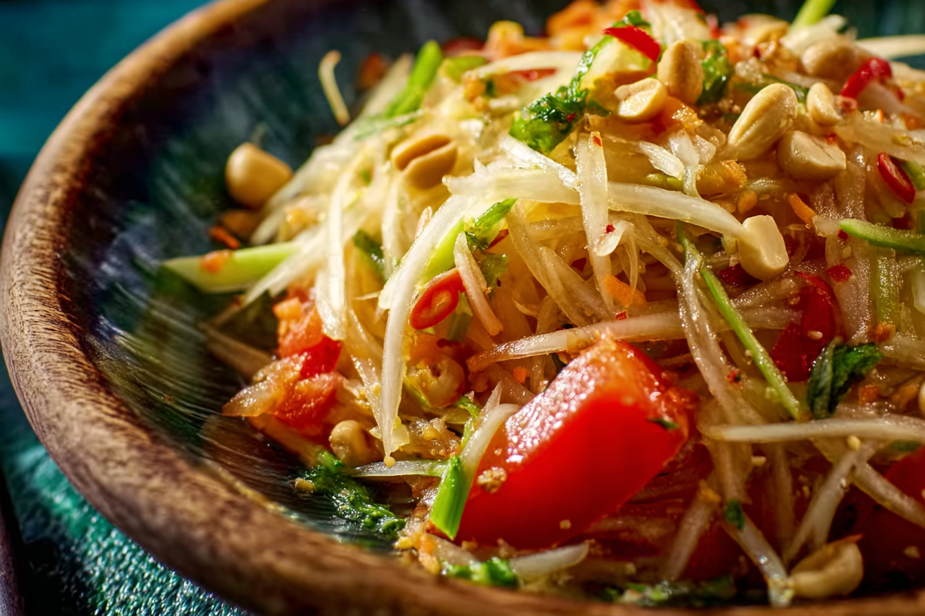 Homemade Thai Papaya Salad served in a bowl