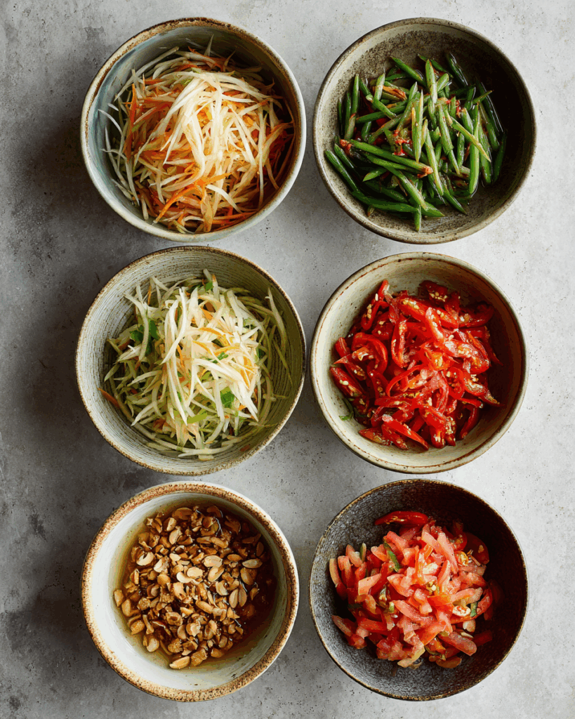 Mixing Homemade Thai Papaya Salad in mortar