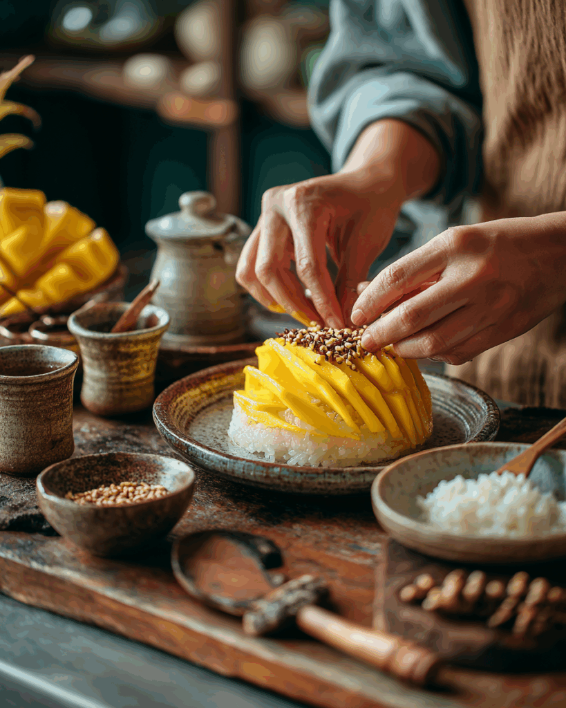 Fresh mangoes and sticky rice packs in a Thai market