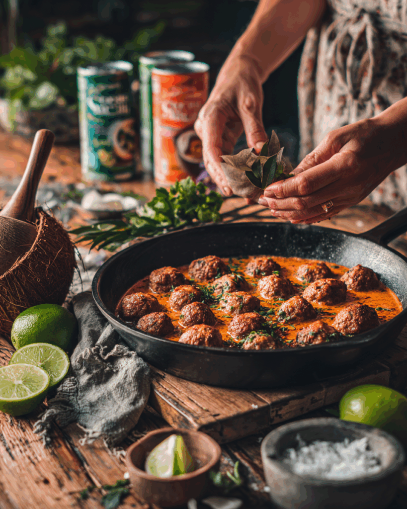 Homemade Thai Coconut Curry Meatballs meal prep with rice and herbs