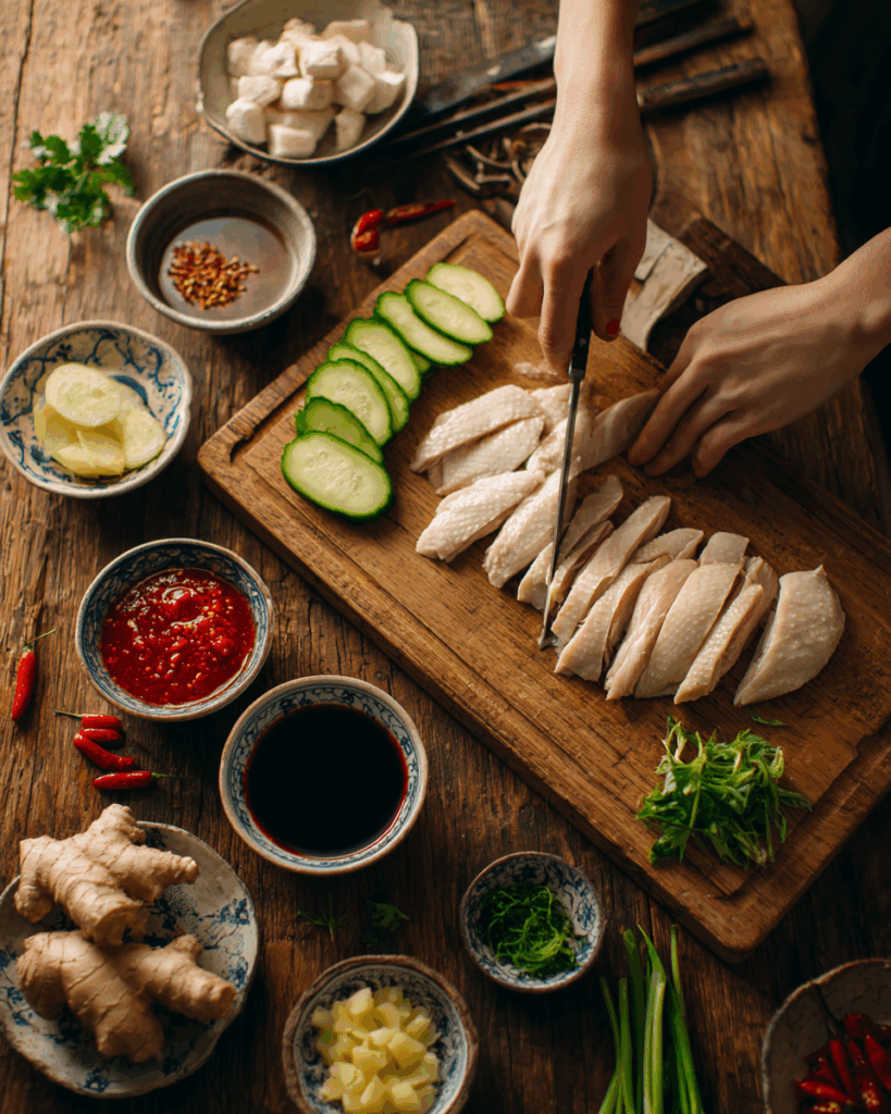 Plated Hainan Chicken Rice with cucumber and sauces