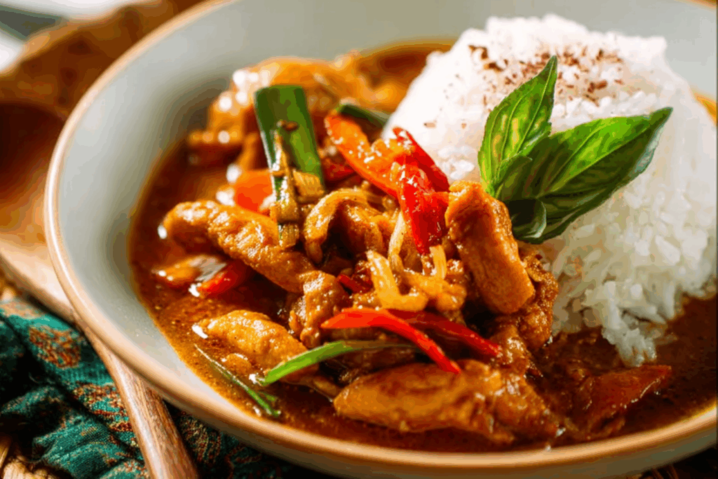 Red Thai Crispy Chicken Curry garnished with Thai basil and cilantro