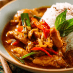 Red Thai Crispy Chicken Curry garnished with Thai basil and cilantro