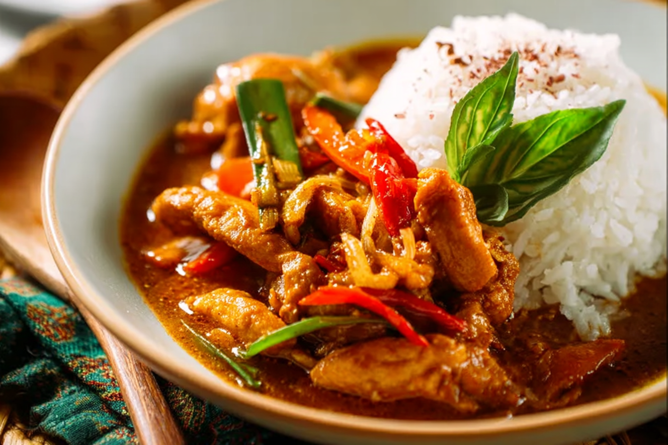 Red Thai Crispy Chicken Curry garnished with Thai basil and cilantro