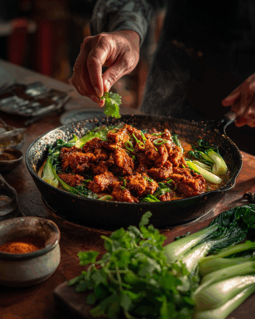 Red Thai Crispy Chicken Curry served with jasmine rice