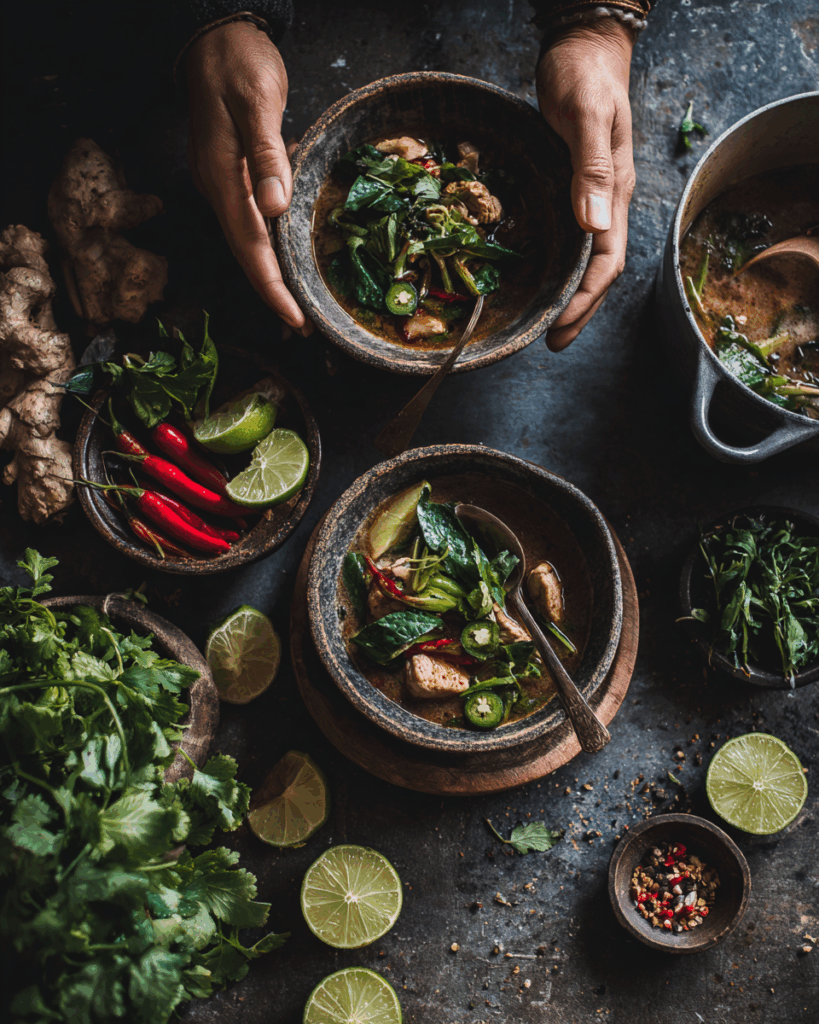 served spicy thai red curry soup with noodles and lime wedges