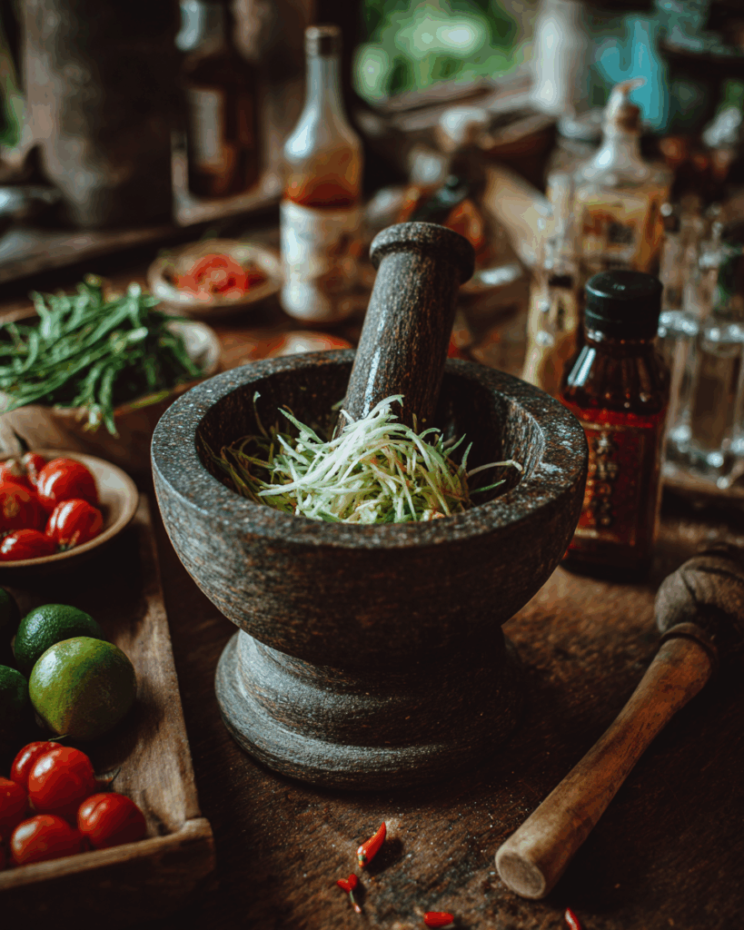 Homemade Thai Papaya Salad with sticky rice