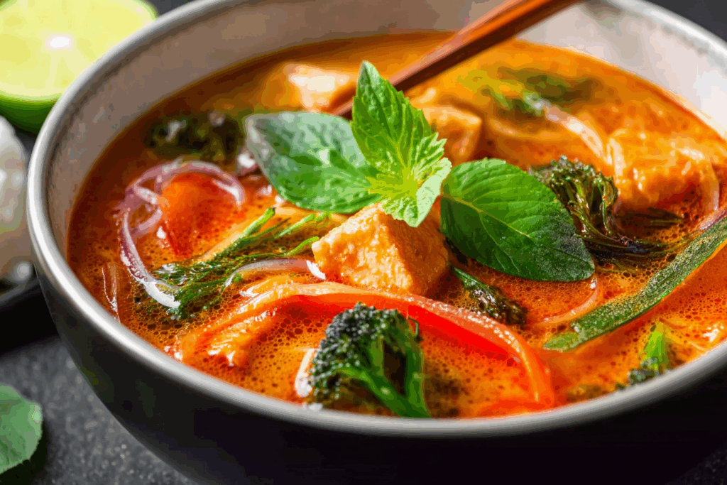 spicy thai red curry soup with chicken and coconut milk garnished with herbs