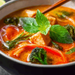 spicy thai red curry soup with chicken and coconut milk garnished with herbs