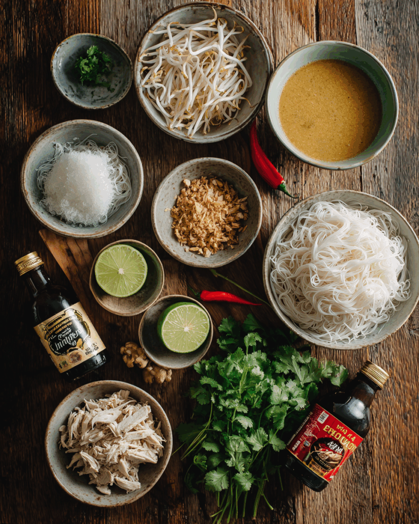 spicy thai red curry soup ingredients on wooden table
