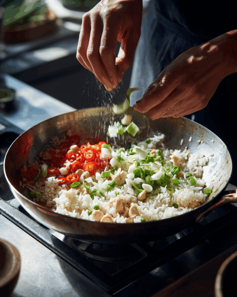 Stir-frying Thai Fried Rice With Chicken in a wok