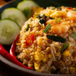 Thai basil fried rice served with shrimp and fresh herbs