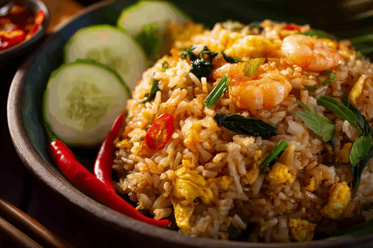 Thai basil fried rice served with shrimp and fresh herbs