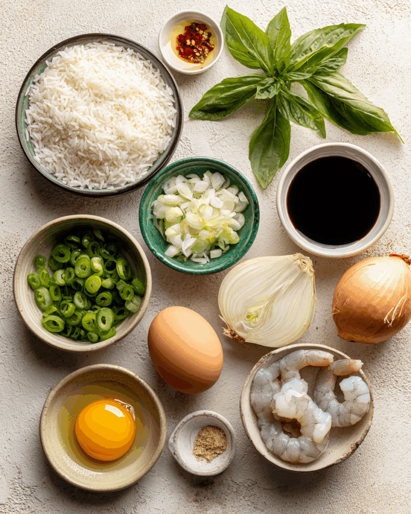 Fresh Thai basil and ingredients for Thai basil fried rice