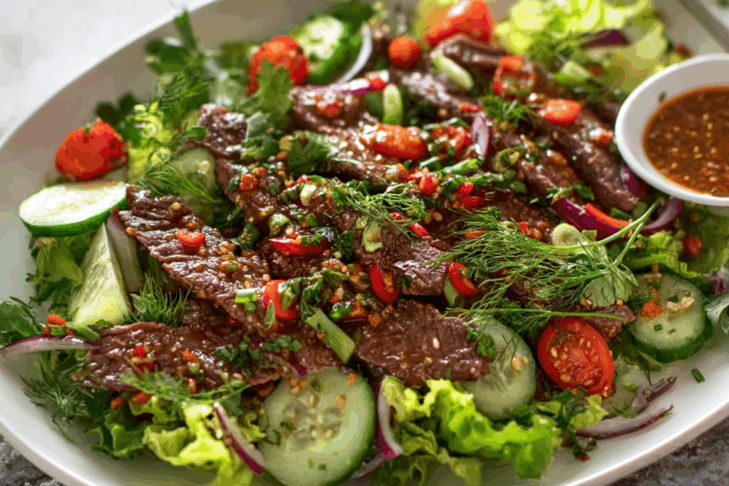 Thai Beef Salad close-up with herbs and dressing