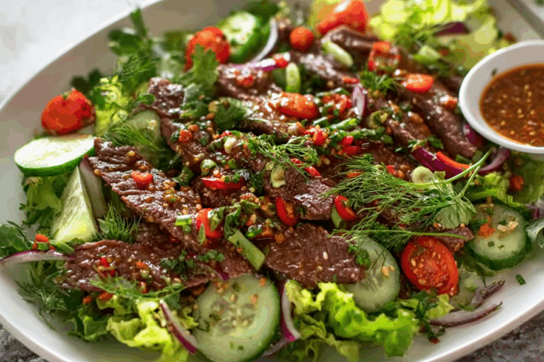 Thai Beef Salad close-up with herbs and dressing