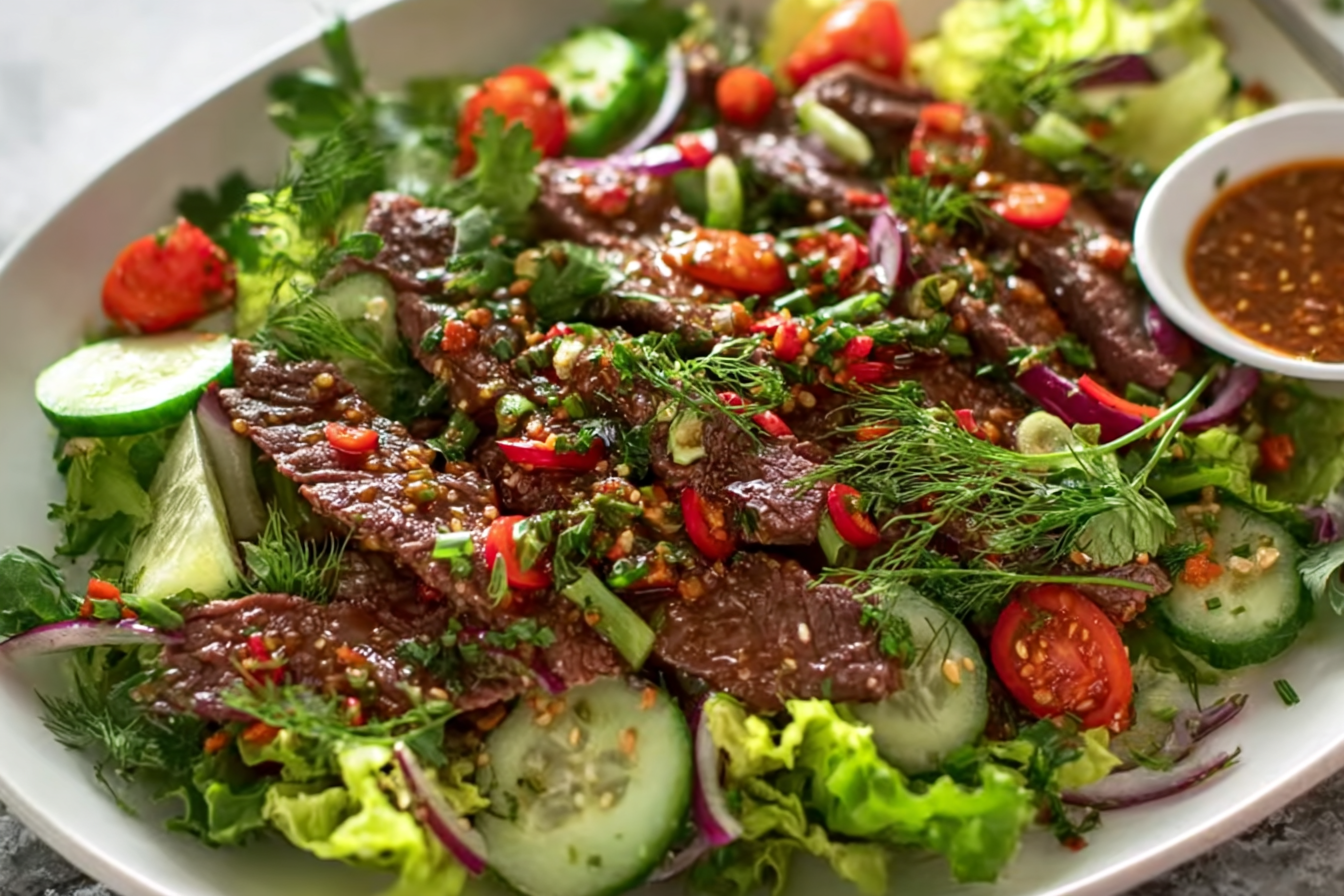 Thai Beef Salad close-up with herbs and dressing