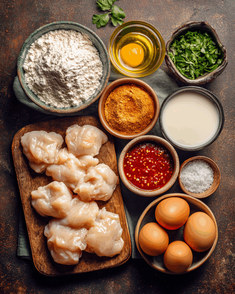 Thai chicken bites batter preparation close-up