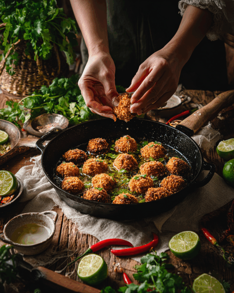 Thai chicken bites served with mango salad and sticky rice